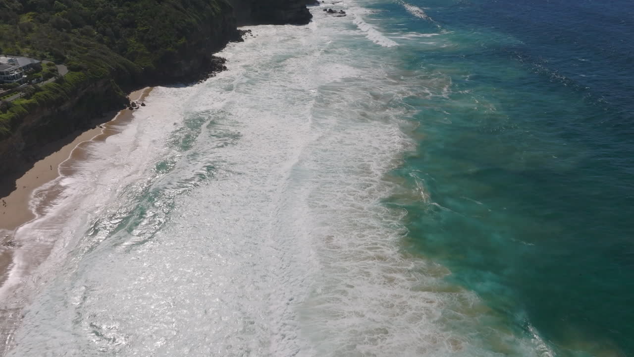 olas violentas del océano golpeando la costa con densa vegetación