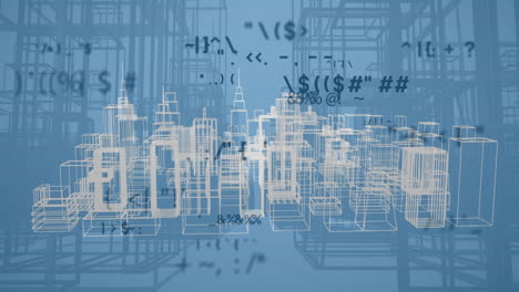 animación de múltiples símbolos cambiantes sobre el modelo de ciudad 3d girando contra un fondo azul.