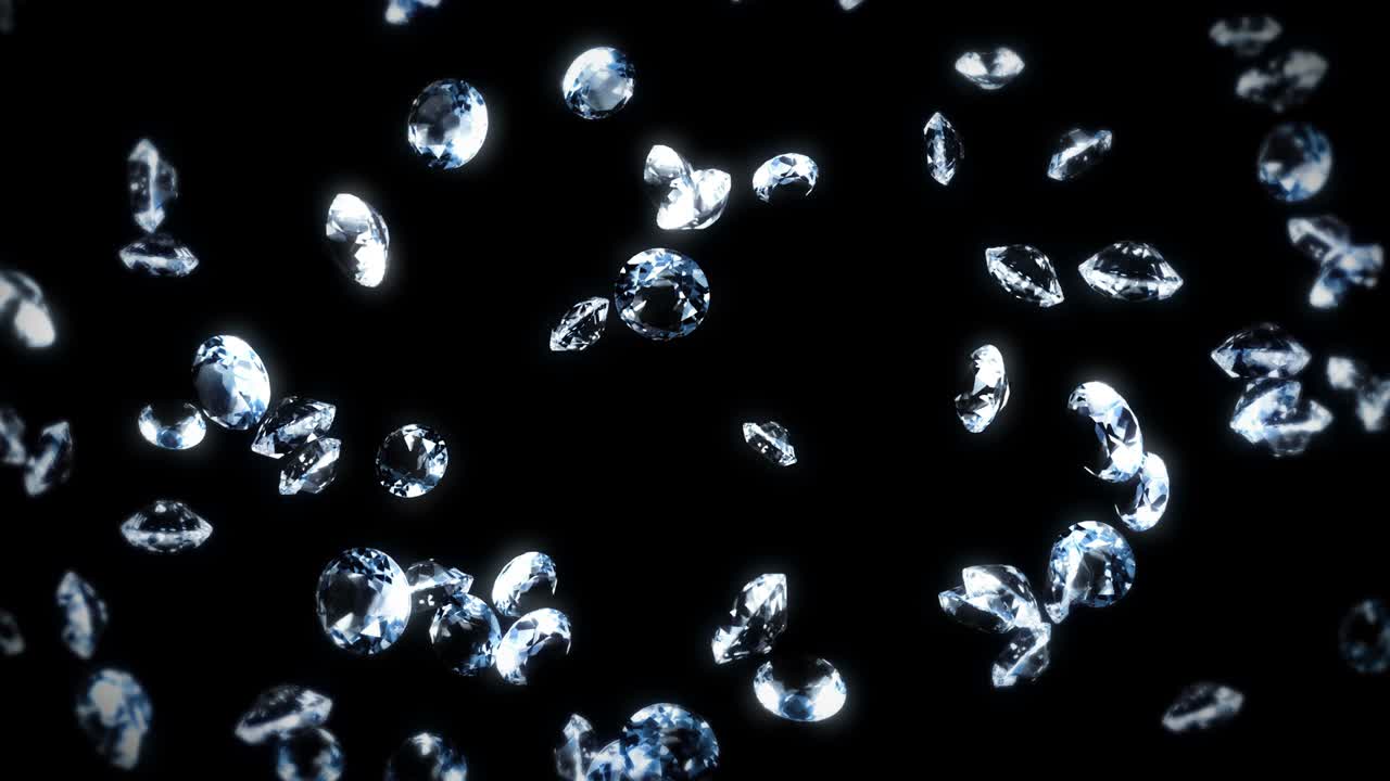 검은 바탕에 많은 보석 다이아몬드를 날아. 투명하고 귀중한 보석을 빛니다. 화려한 다이아먼드의 3d 애니메이션 회전. 루프 애니메이션.