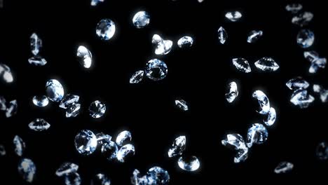 voando muitos diamantes de jóias em fundo preto. brilhar transparente, jóia preciosa. animação 3d de diamantes brilhantes girando. animação de loop.