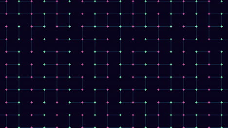 Symmetrical dotted grid interconnected blue and red dots on dark background
