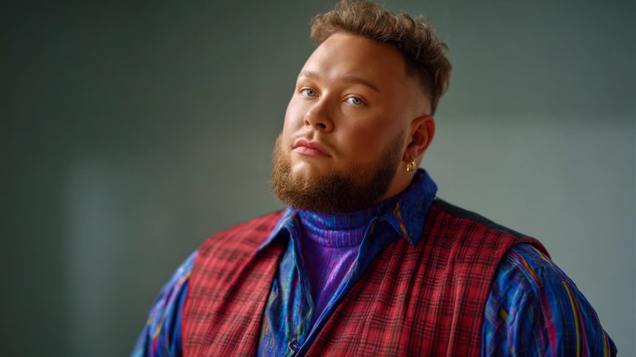 Portrætserie, der viser en fashionabel person med et stilfuldt skæg og farverigt tøj, som fanger en udtryksfuld stemning og en unik personlighed i en poseret opsætning.