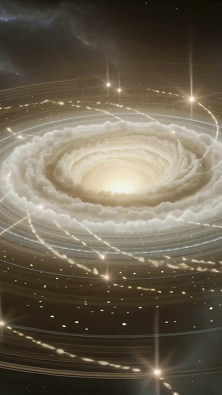 Vertical video: Pulsing central core driving specks around spiral rings in outer space, with flares