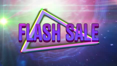 animation of retro flash sale purple text with neon triangles on glowing pink to purple background