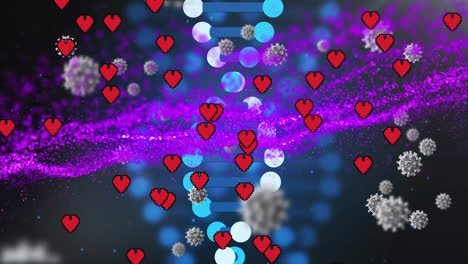 animation of floating heart shapes, dna helix and abstract pattern over white blood cells