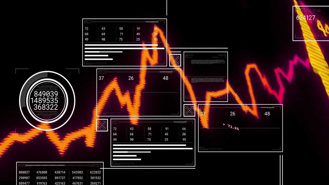 Neon orange waveform zigzagging across display, overlaying white data panels and numeric charts