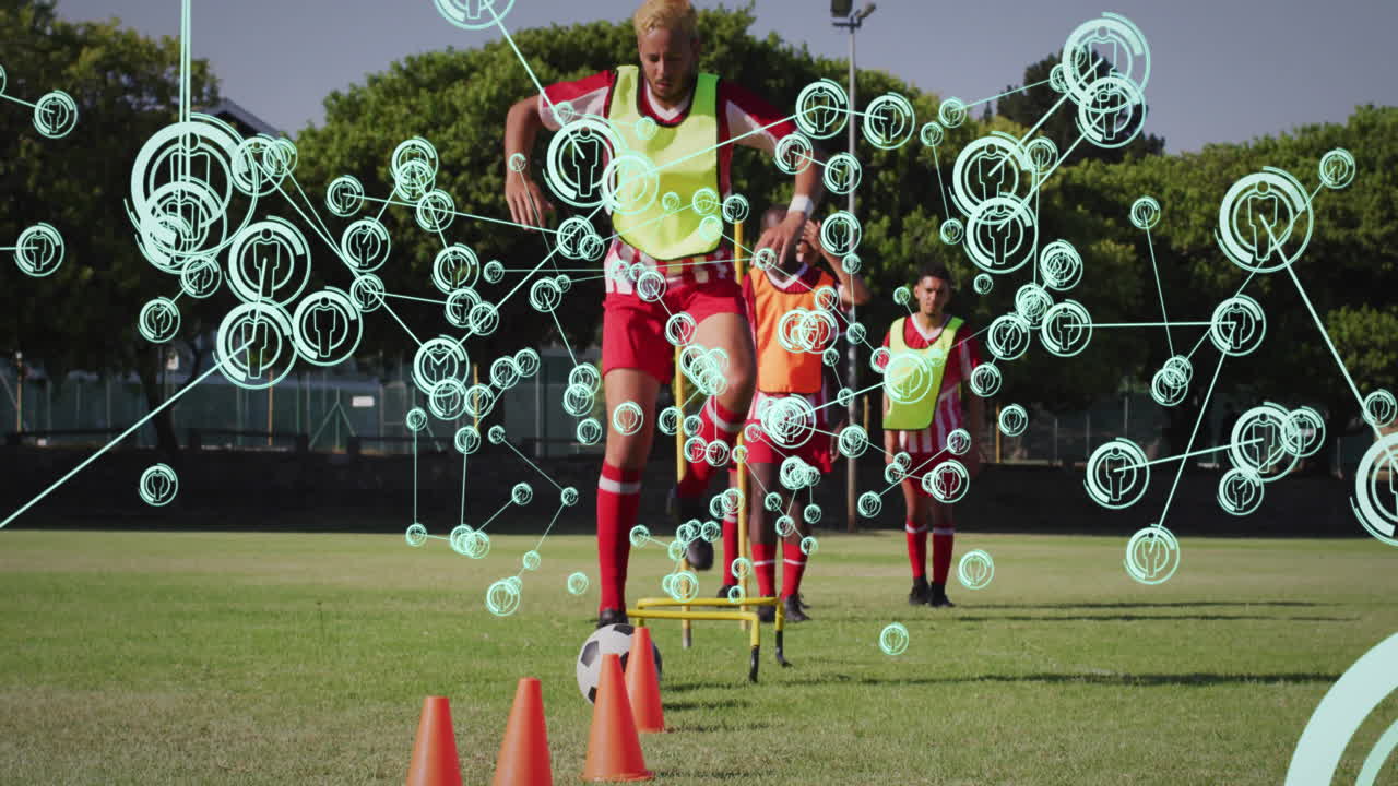 Training on soccer field, players with data animation overlay and network connections