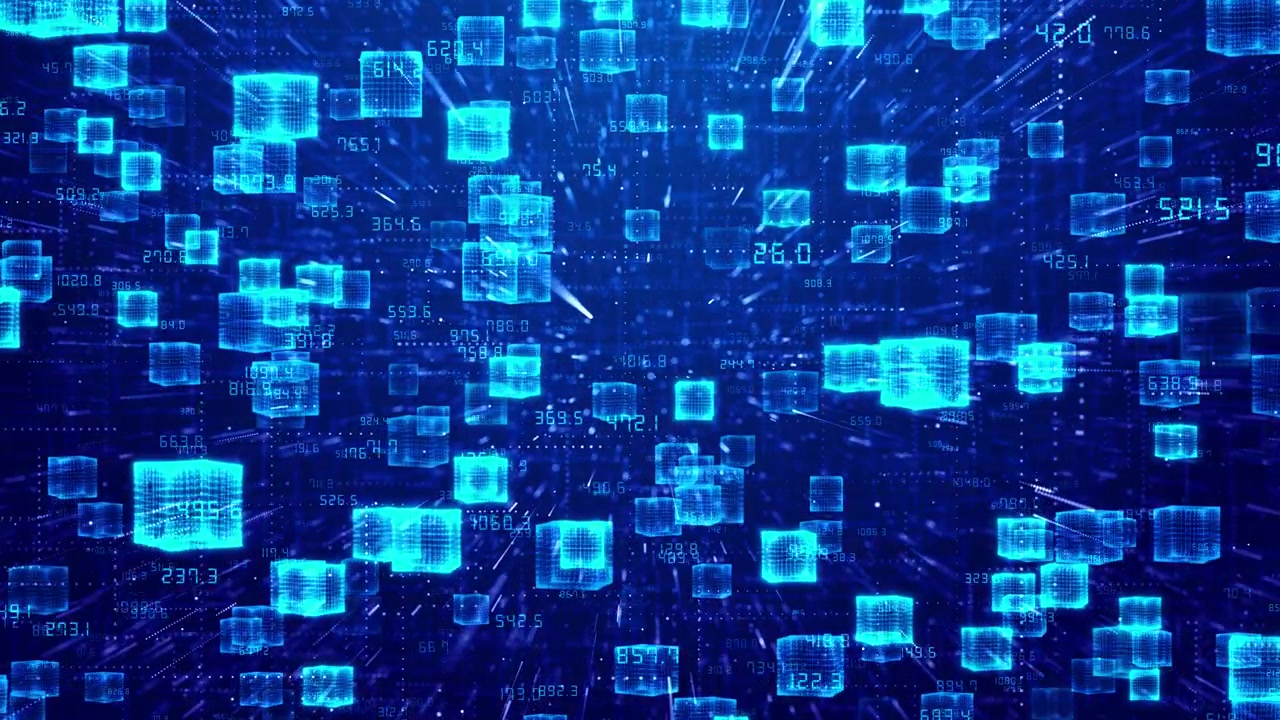 Blue floating data cubes background with glowing hologram blocks numeric labels and deep digital