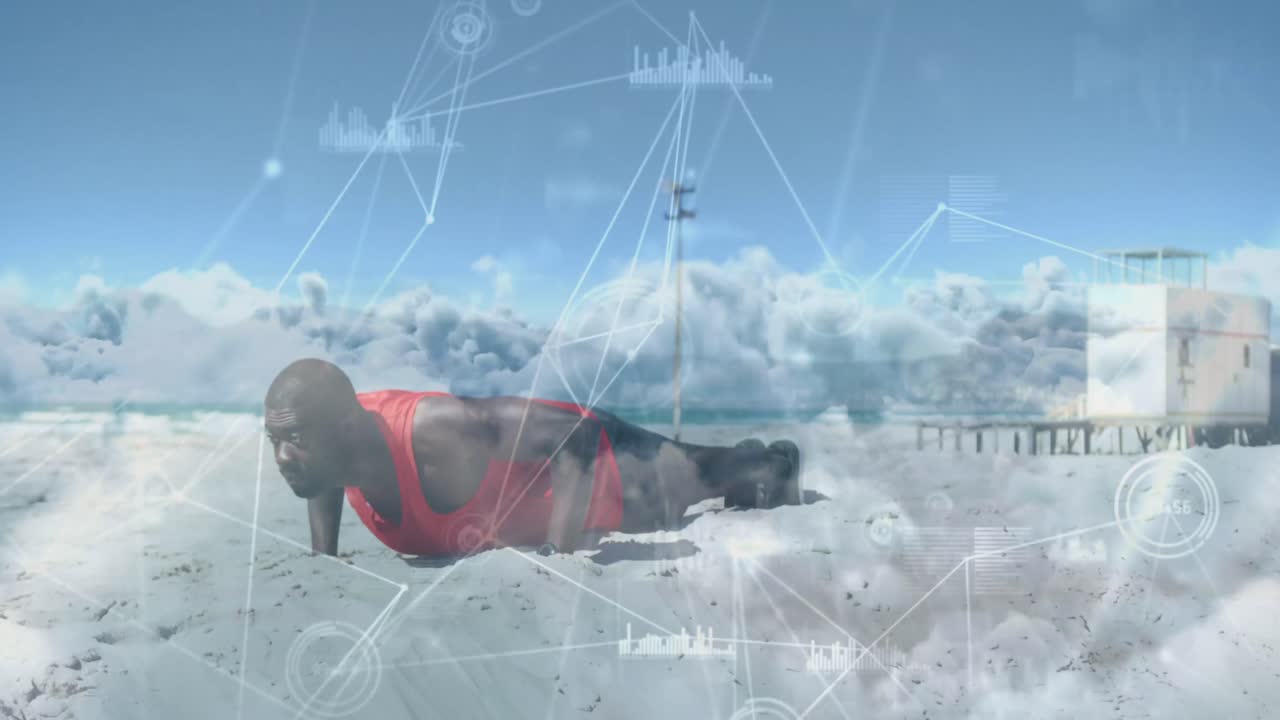 animación de la red de conexiones sobre un hombre afroamericano que hace ejercicio