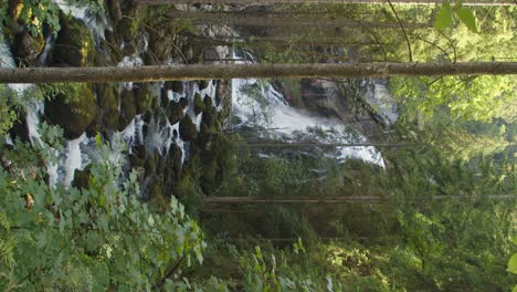 Sensational-vertical-shot-of-Austrian-waterfall-with-small-creek-in-forest