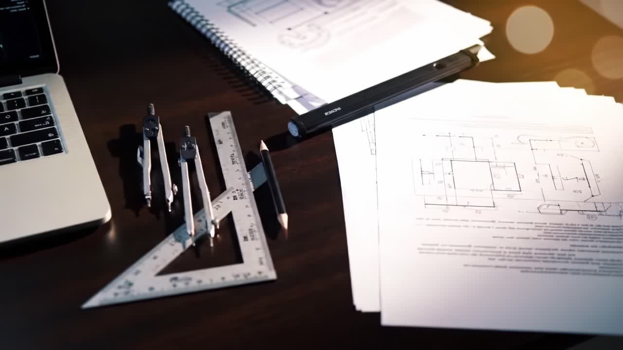 A Detailed Overview of Technical Planning and Design: Protractors, Drafting Tools, and Digital Screens in a Workspace Setting