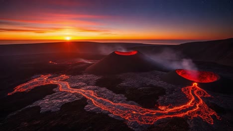 volcanic eruption with lava flows at dusk