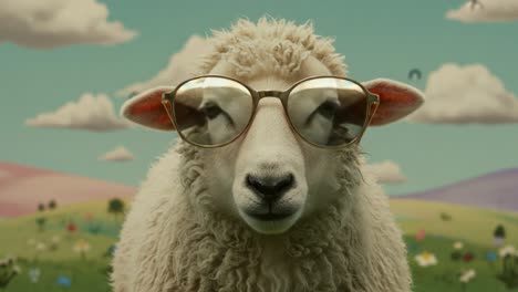 a cool sheep wearing stylish sunglasses in a vibrant pastoral setting: an unexpected blend of nature and fashion