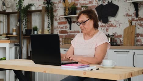 mujer mayor usando una computadora portátil en la cocina en casa