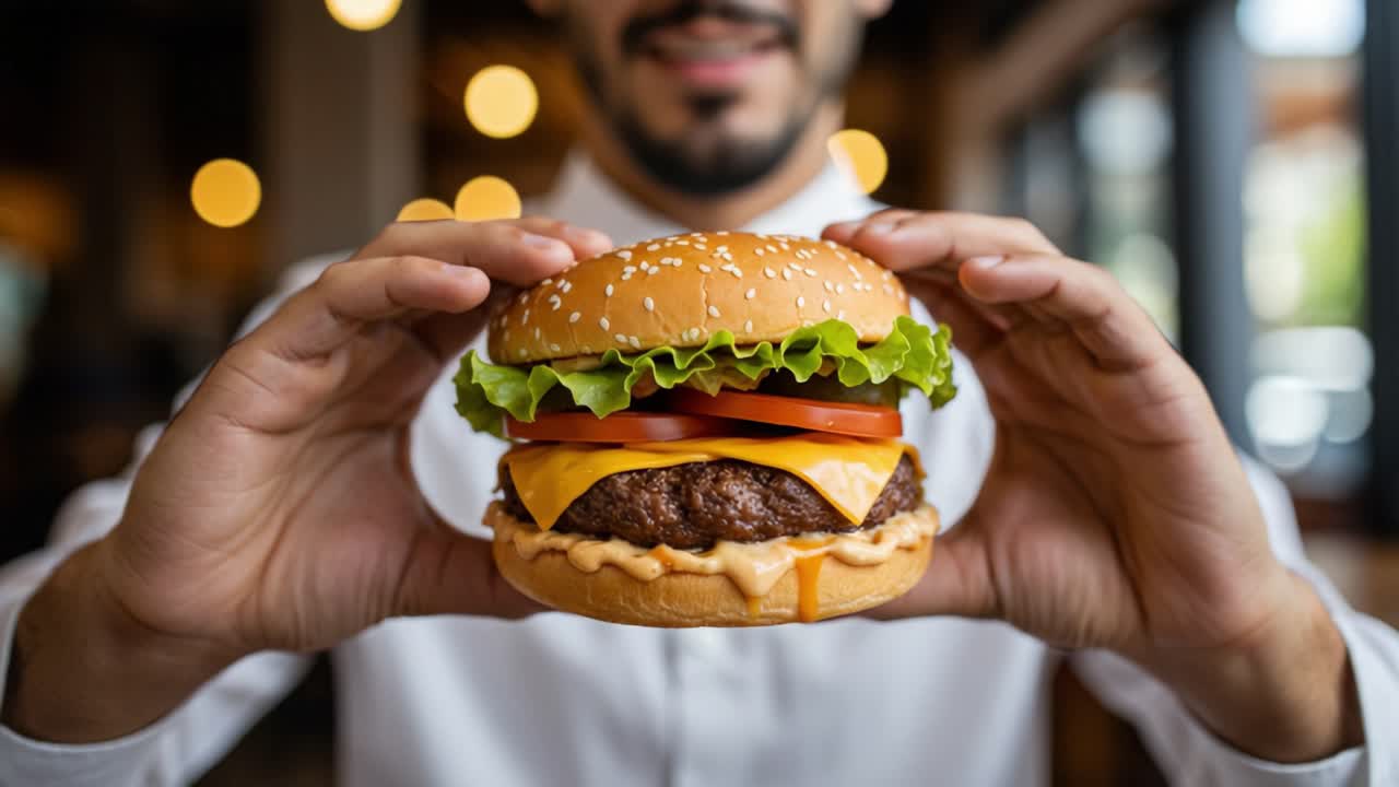 Delicious Gourmet Cheeseburger Presentation: A Cheesy, Juicy Treat Held by a Smiling Individual in a Cozy Dining Atmosphere