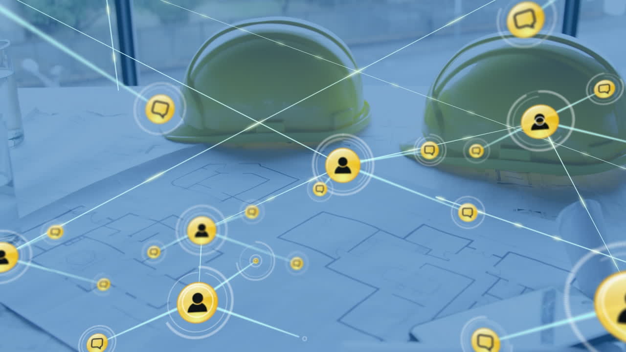 책상 위의 건설 계획에 대한 연결 네트워크의 애니메이션