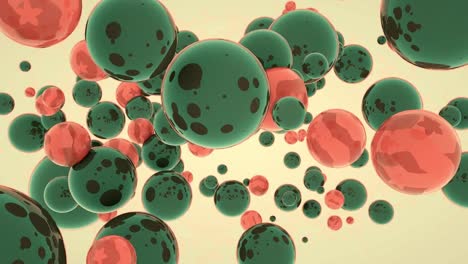 abstract animation of green and red spheres gently floating and colliding. scientific or biological concept for cells, viruses, or molecules. modern motion graphics background