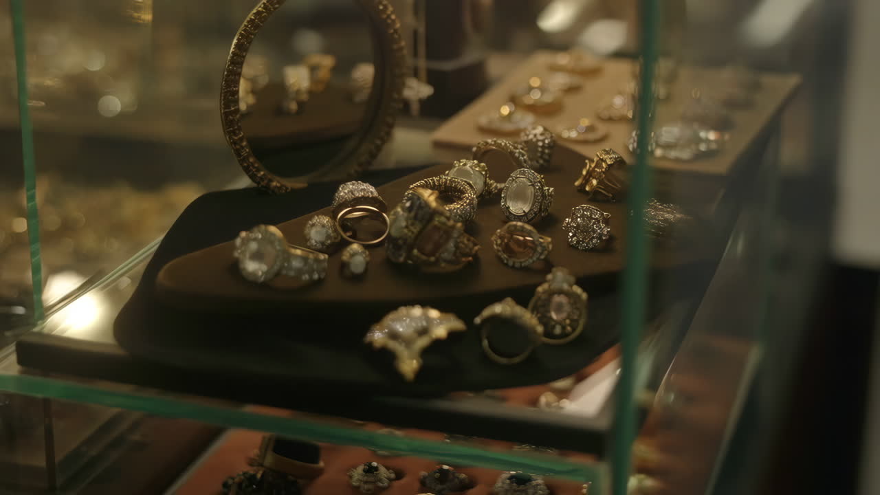 Uma Coleção de Anéis e Joias Ornamentados Exibidos em uma Vitrine de Vidro