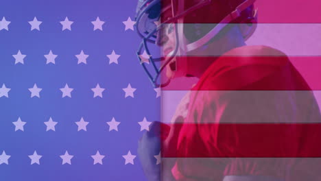 animation of flag of usa over caucasian male american football player