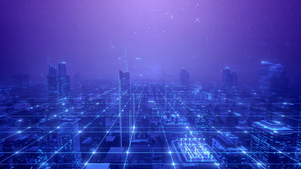 Advancing camera capturing neon-lit skyscrapers above luminous grid under star-speckled purple sky