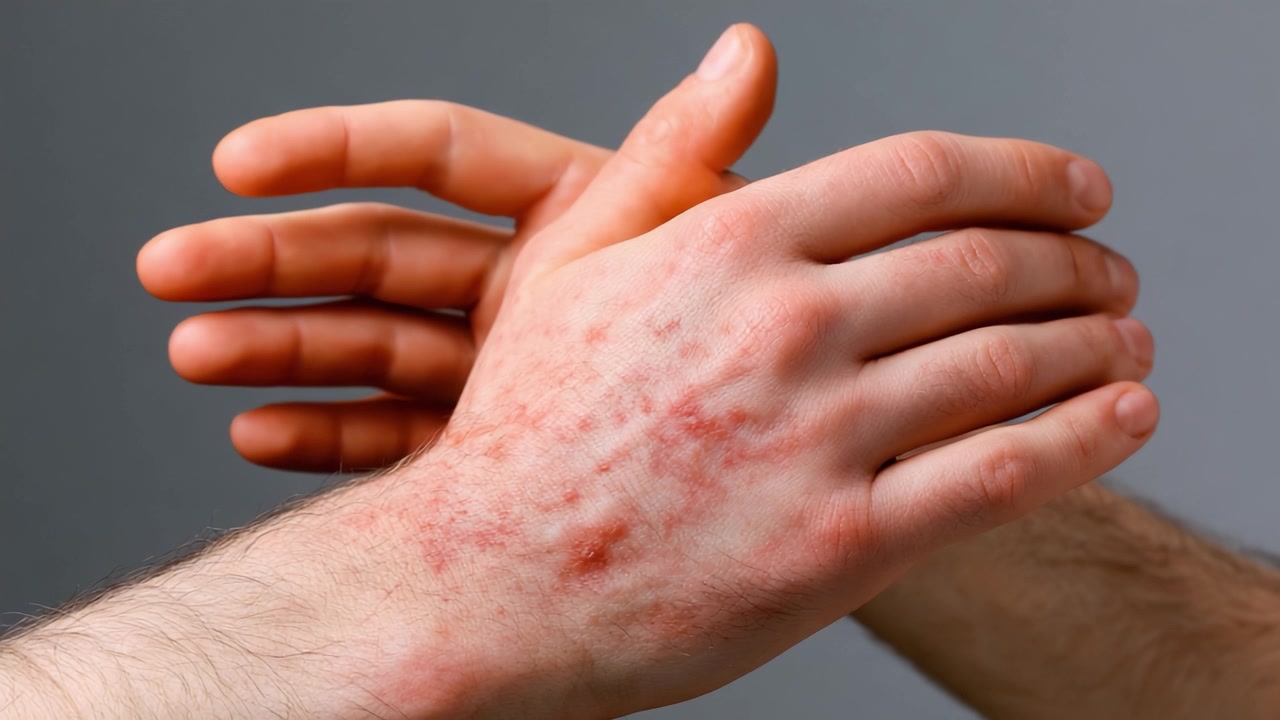 Un esame ravvicinato delle mani che mostrano sintomi di irritazione e infiammazione cutanea, evidenziando arrossamento e alterazioni della texture sulla superficie della pelle