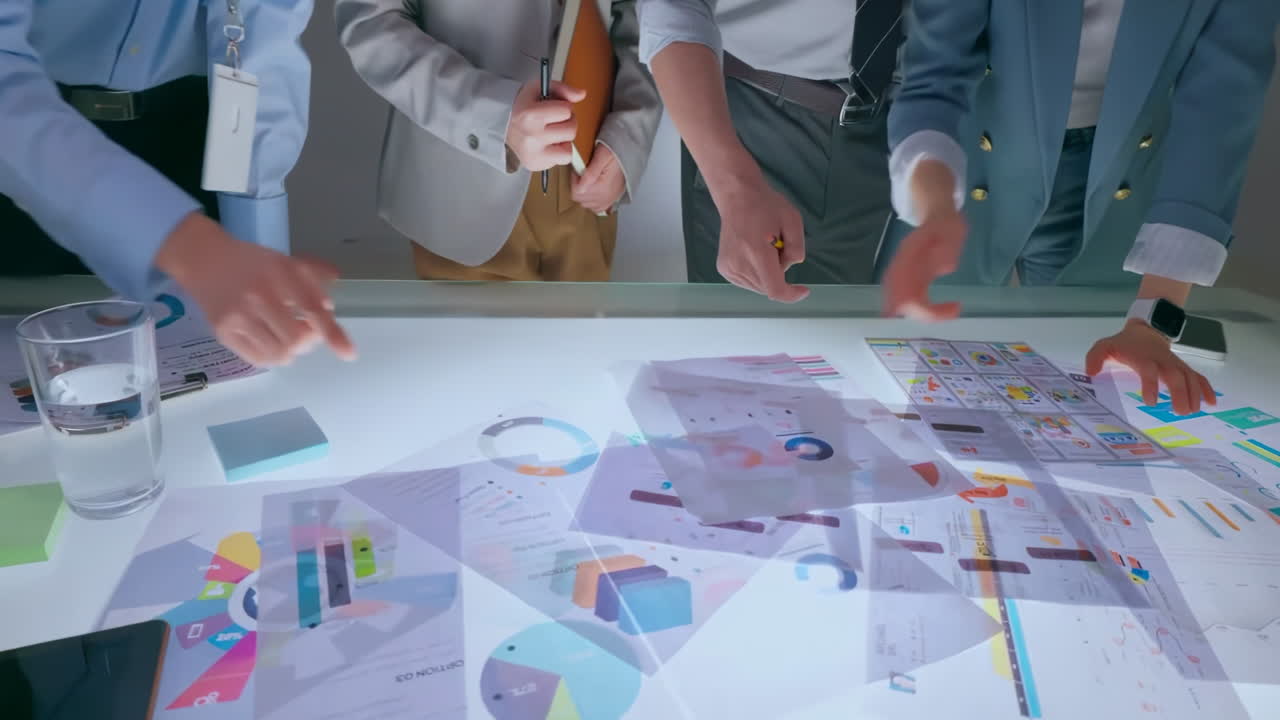 Teamwork and Collaboration Professionals Brainstorming in a bright, modern office, with laptops, financial charts, and creative materials on the table