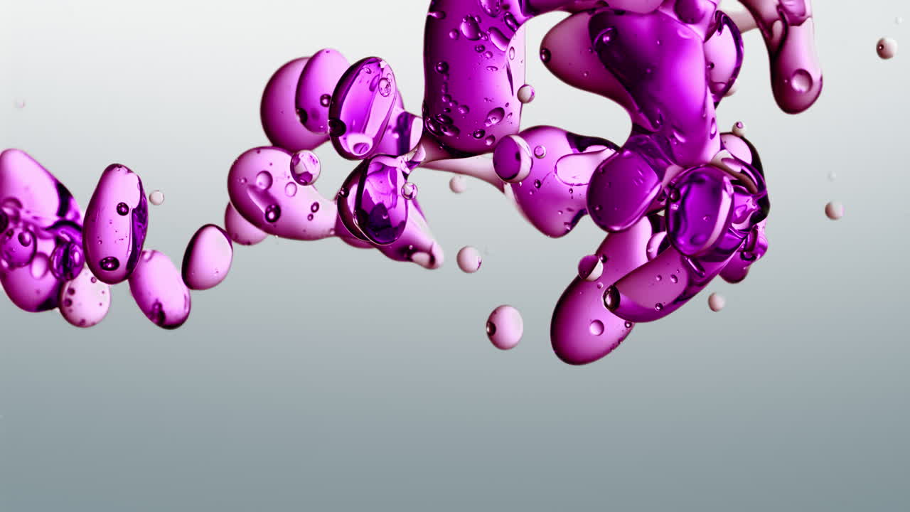 forme fluide di olio colorato viola, rosa, viola in acqua purificata su uno sfondo sfumato bianco