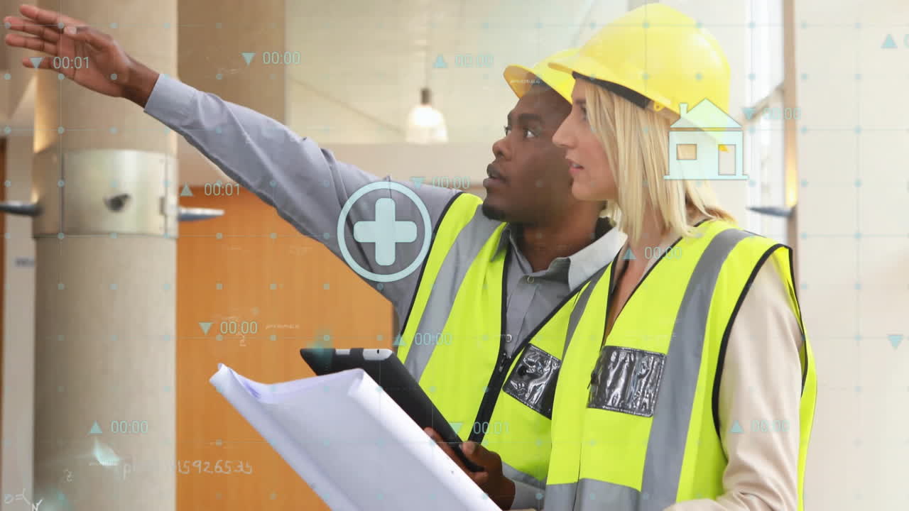 Animation of media icons and data over diverse workers talking at building site