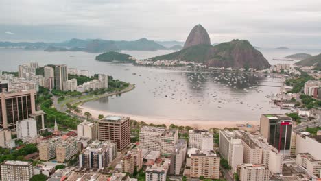 establishing aerial view of botafogo beach at sugarloaf mountain on a cloudy day in rio de janeiro brazil