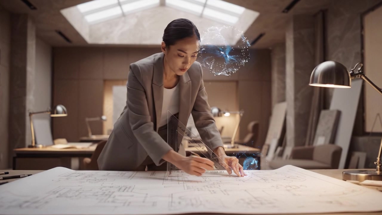 Arquitecto Concentrado en Oficina Moderna Analizando Planos Detallados con Precisión y Cuidado, Colaborando para Diseñar Estructuras y Conceptos Innovadores