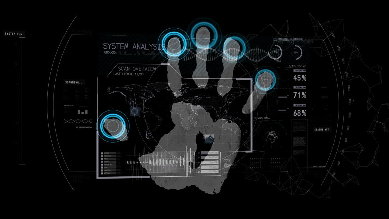 Animation of data processing and fingerprint on black background