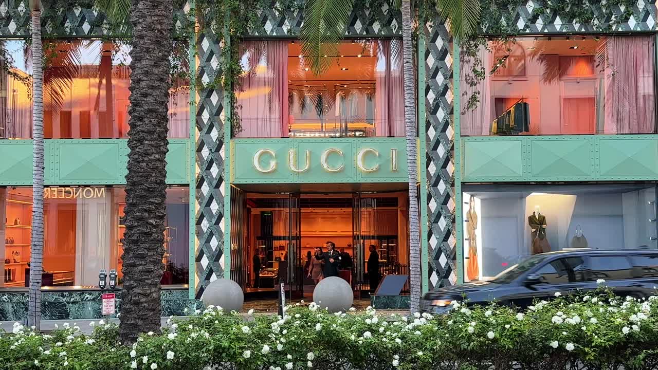 Gucci Store establishing shot on Rodeo Drive in Beverly Hills, California USA - street view