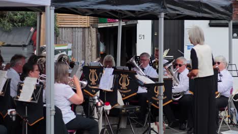 conductor leads brass band in outdoor performance