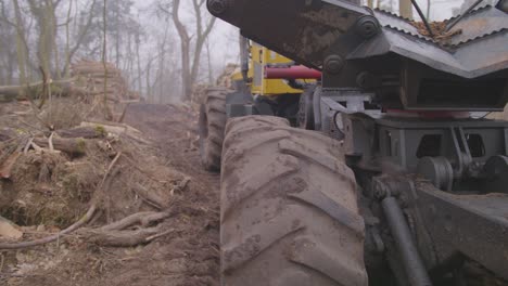 shot of a tree excavator in the middle of a destroyed forest.