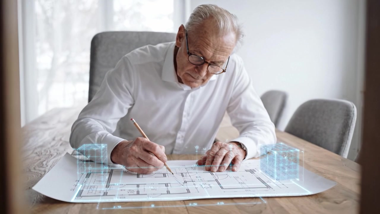 Un arquitecto mayor analizando y diseñando planos de planta con mejoras digitales, mostrando ideas innovadoras y experiencia en conceptos de arquitectura moderna.