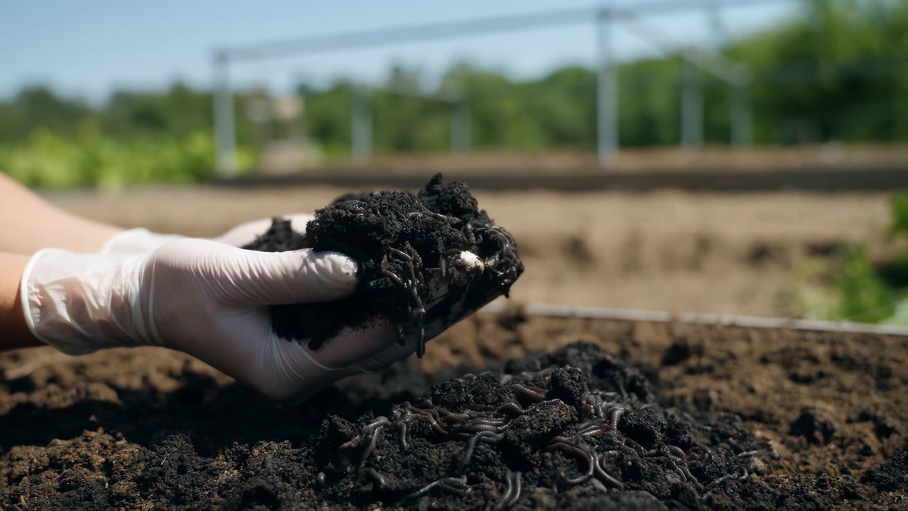 Close view shows gloved hands moving moist soil and earthworms above cultivated ground, with textured earth, blurred greenery, and open outdoor setting during daylight conditions.