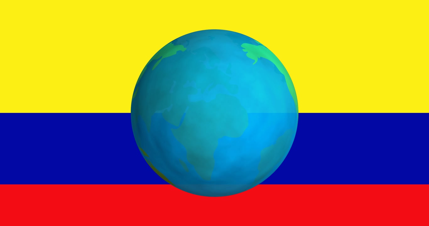 Animación de un globo terráqueo giratorio sobre la bandera de Colombia.