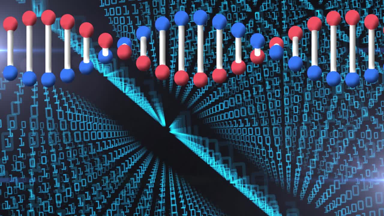 Animation of dna strand spinning over binary code
