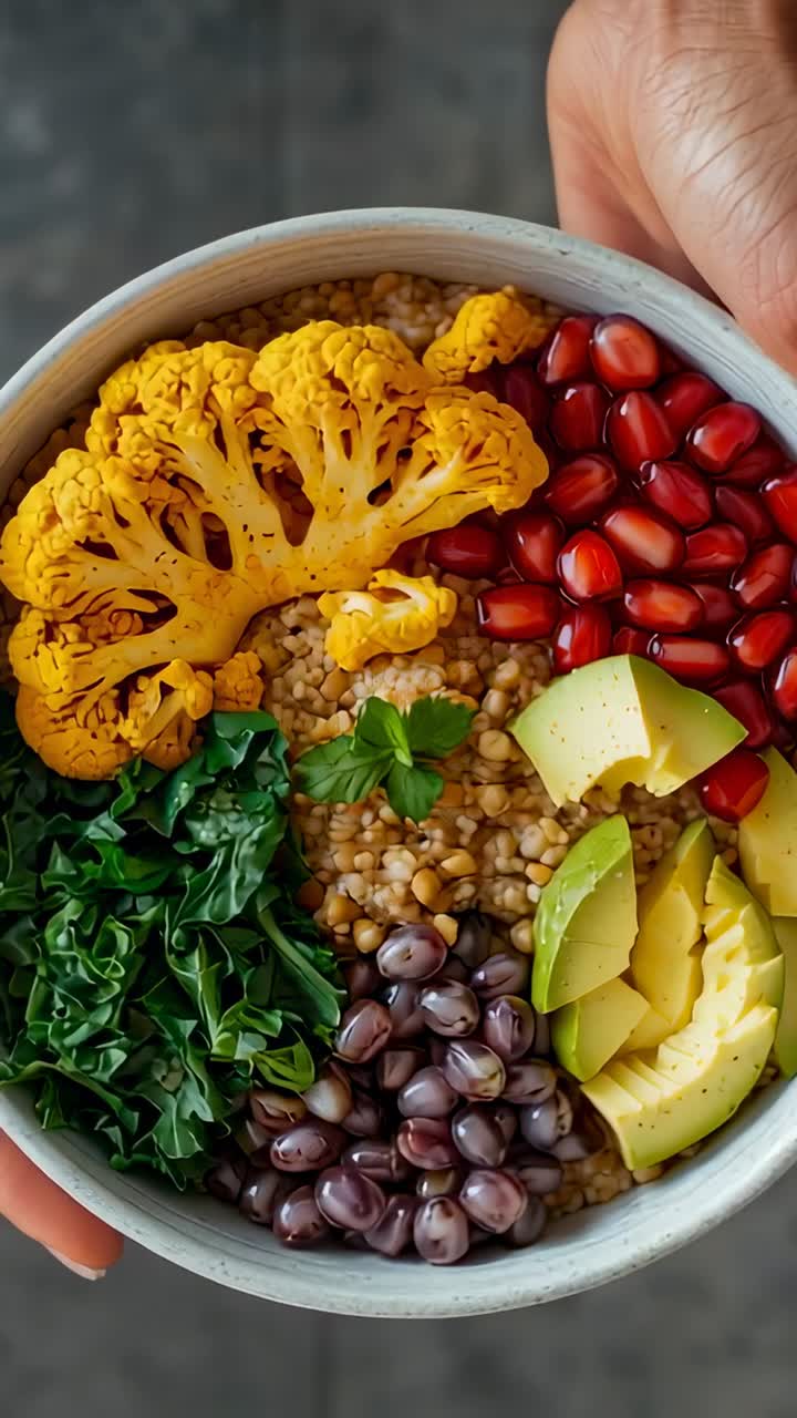 Vertical video: Person holding bowl tilting over grey countertop showing avocado and kale textures