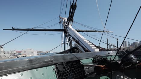 bow of the uss constitution, also known as old ironsides, is a three-masted wooden-hulled heavy frigate of the united states navy in the boston harbour