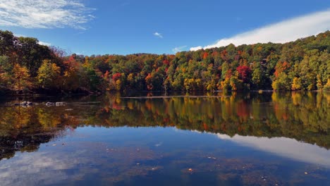a low angle, aerial view of a reflective lake with colorful trees, during the fall foliage in upstate ny