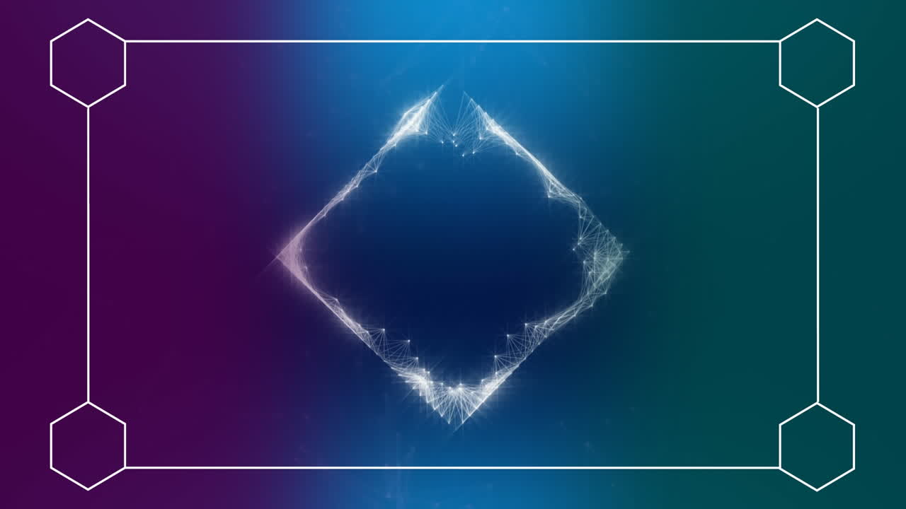 선으로 구성된  ⁇  프레임으로 둘러싸인 컬러 배경에 빛나는 디지털 사각형