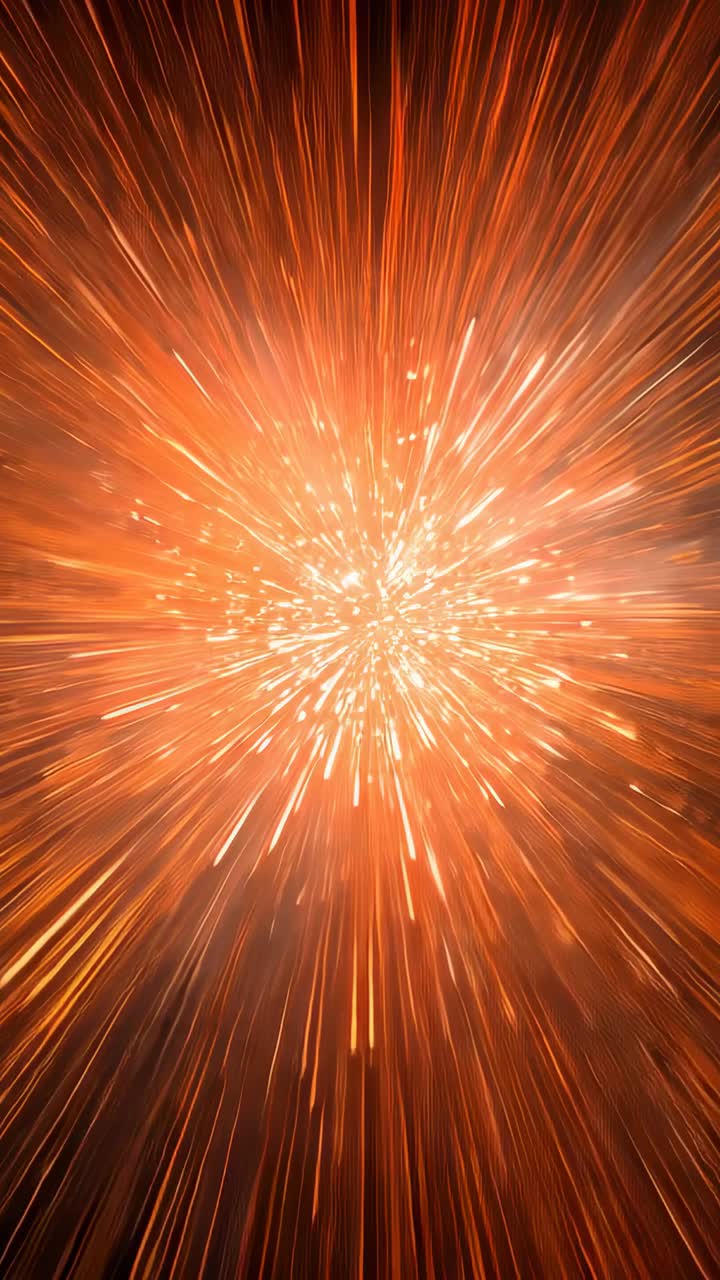 Vertical video: Sparking central core growing in dark frame, streaks, particles and haze sending