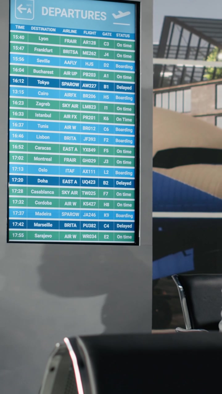Passeggeri che camminano davanti a un tabellone digitale delle partenze in aeroporto.