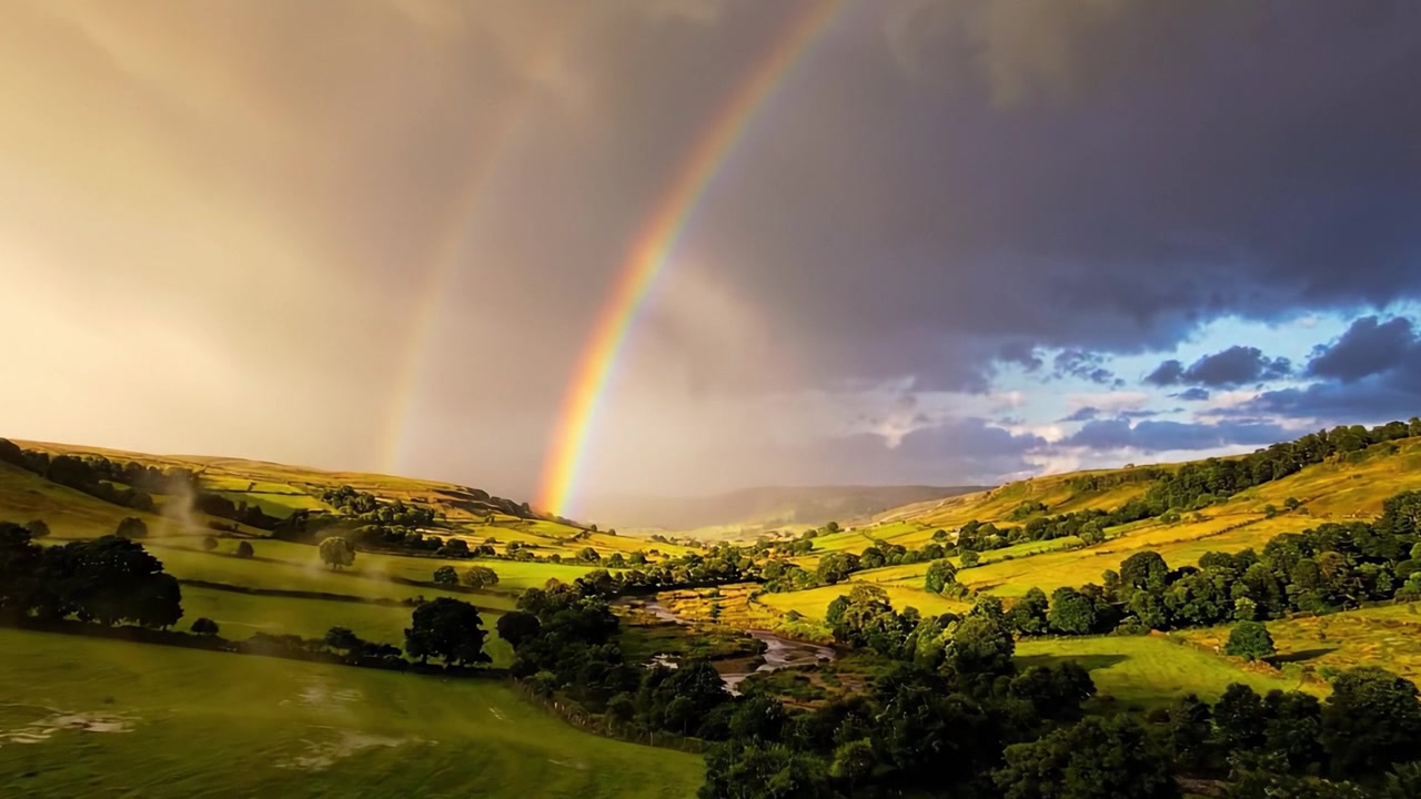 A Stunning Double Rainbow Arcing Over a Lush Green Valley After a Rain Shower, Illuminated by Soft Sunlight and Framed by Dark, Dramatic Clouds