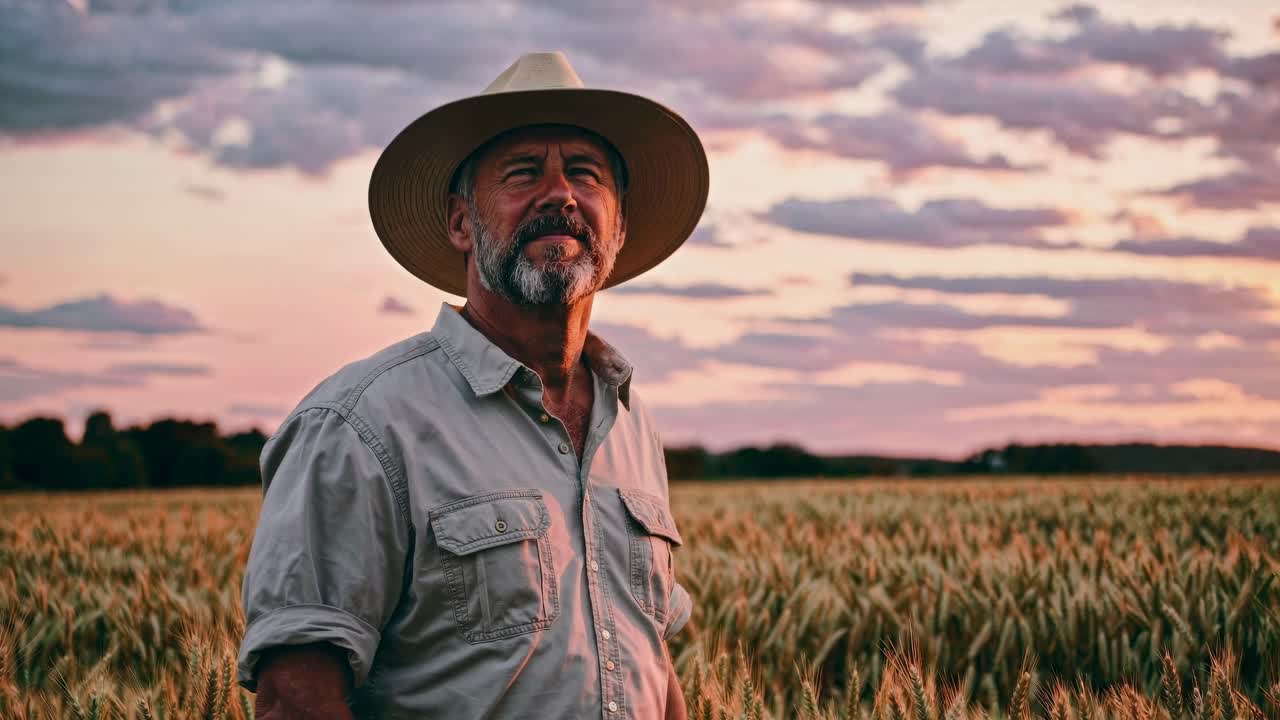 A rugged farmer in a wide-brim hat stands in a wheat field at sunset