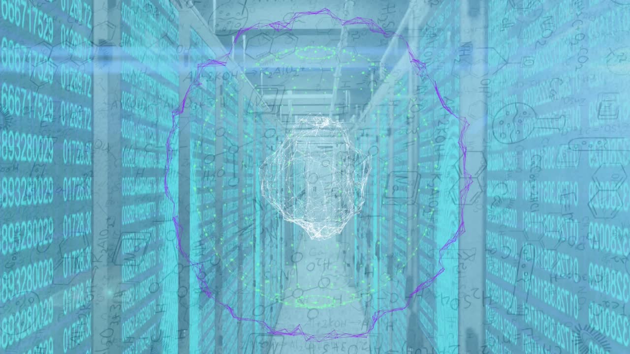 Globe of network of connections and mathematical equations floating over computer server room
