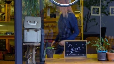 female owner standing with arms crossed at the entrance 4k