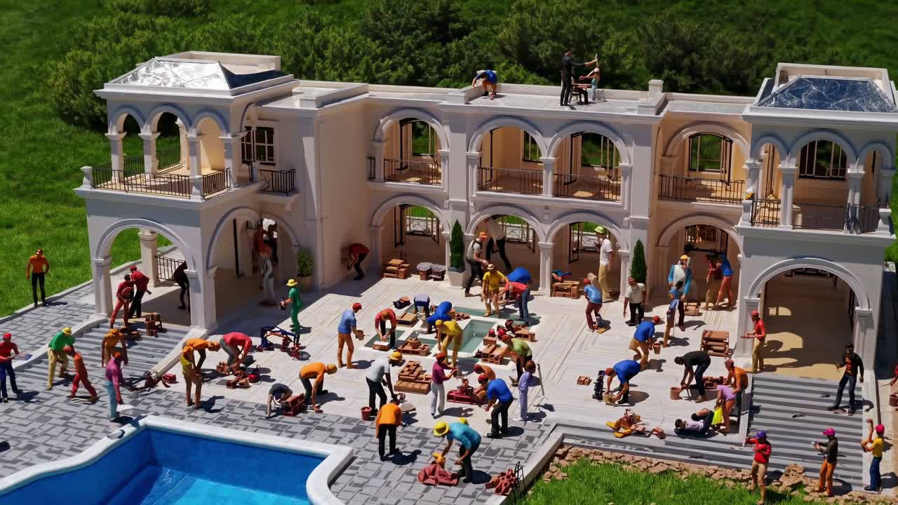 Miniature construction workers are busy building a beautiful luxury villa with arches, balconies, a swimming pool and a rooftop terrace, creating a detailed and captivating scene
