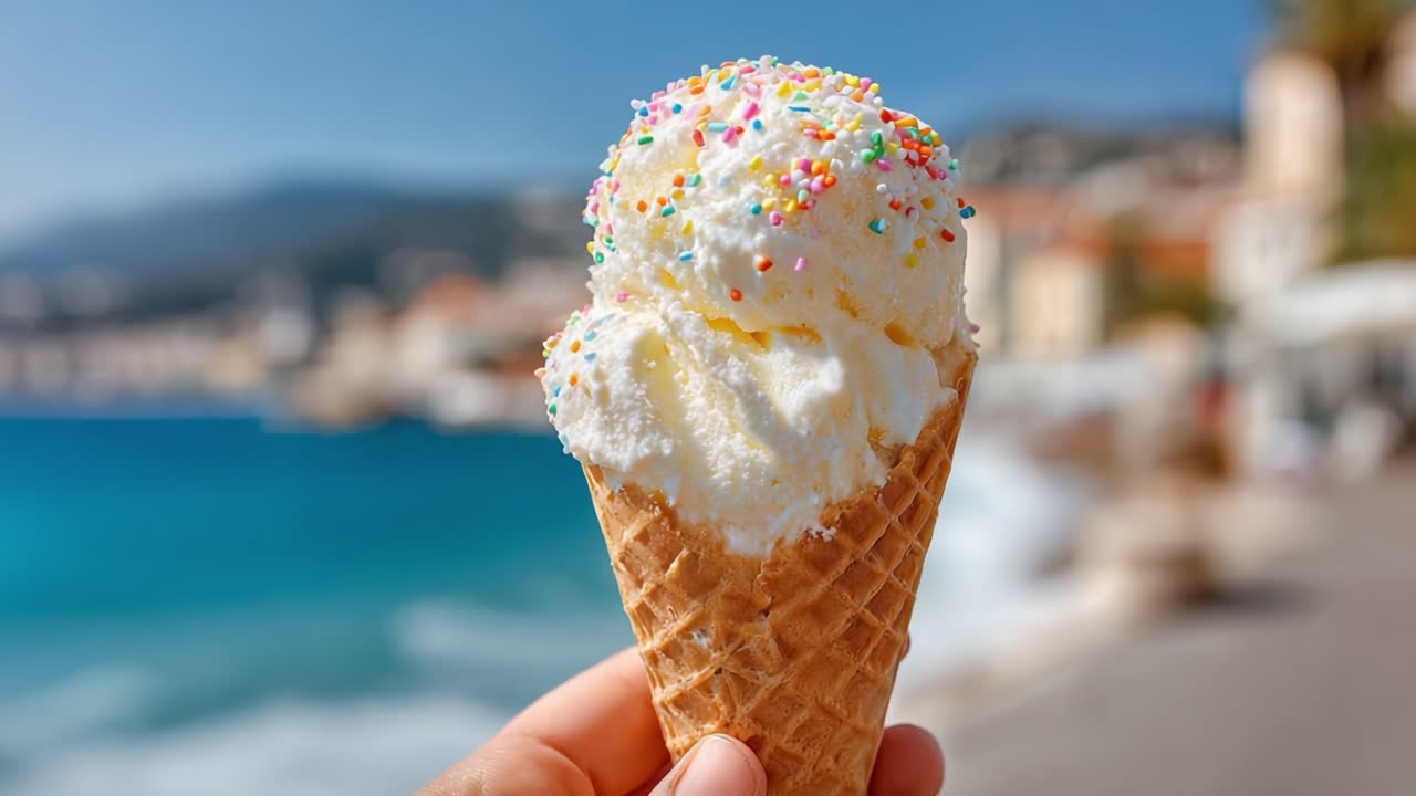Delizioso cono gelato con codette colorate su uno sfondo panoramico marino in un ambiente luminoso e soleggiato.